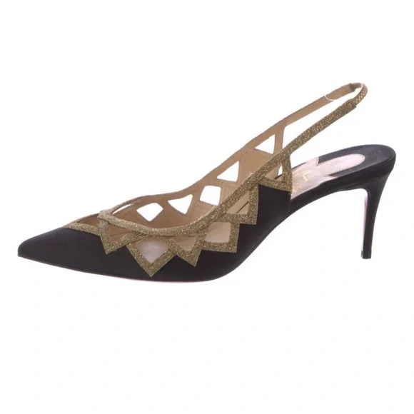 Christian Louboutin black/gold Glitter Patterned Slingback Pumps - Picture 1 of 5
